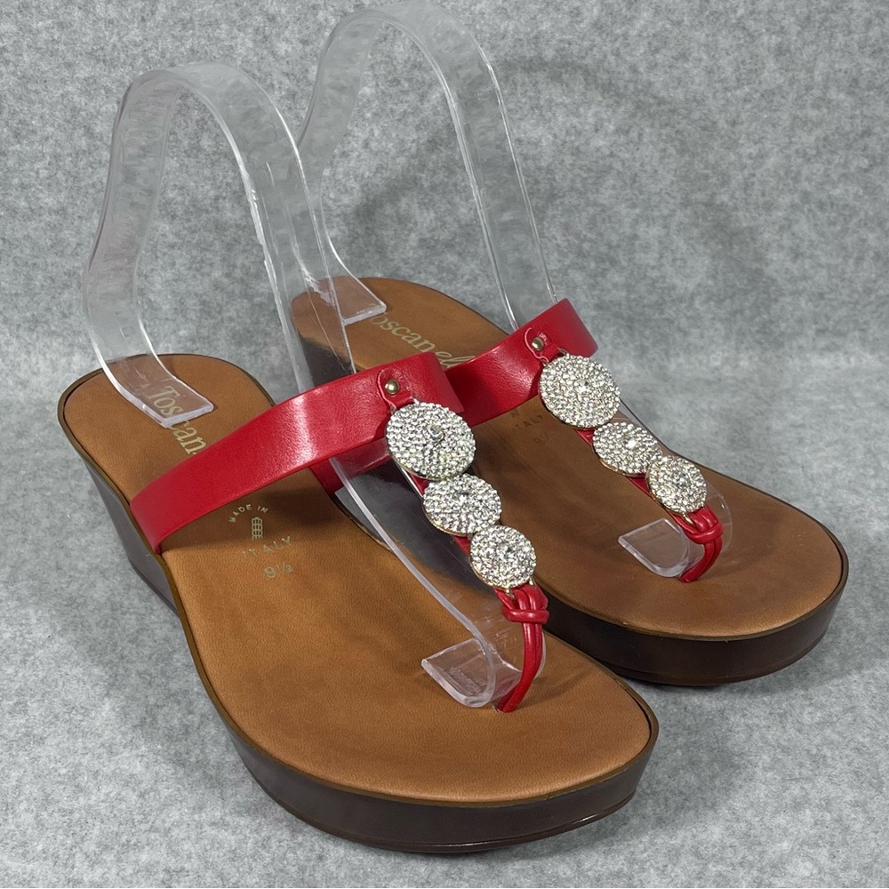 Toscanella Dylan‎ Women 9.5 Classic Wedge Sandal Brown Red Rhinestone Thong NWOT